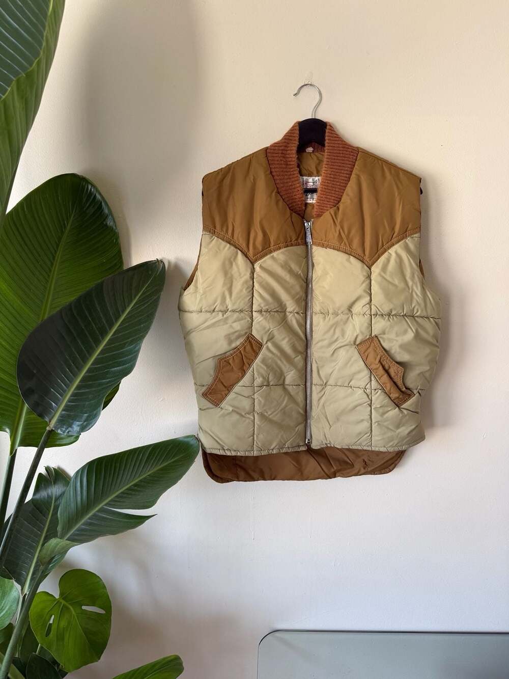 Vintage 1970s Double K Brand Western Quilted Puffer Vest Size 42 Tan Made in USA